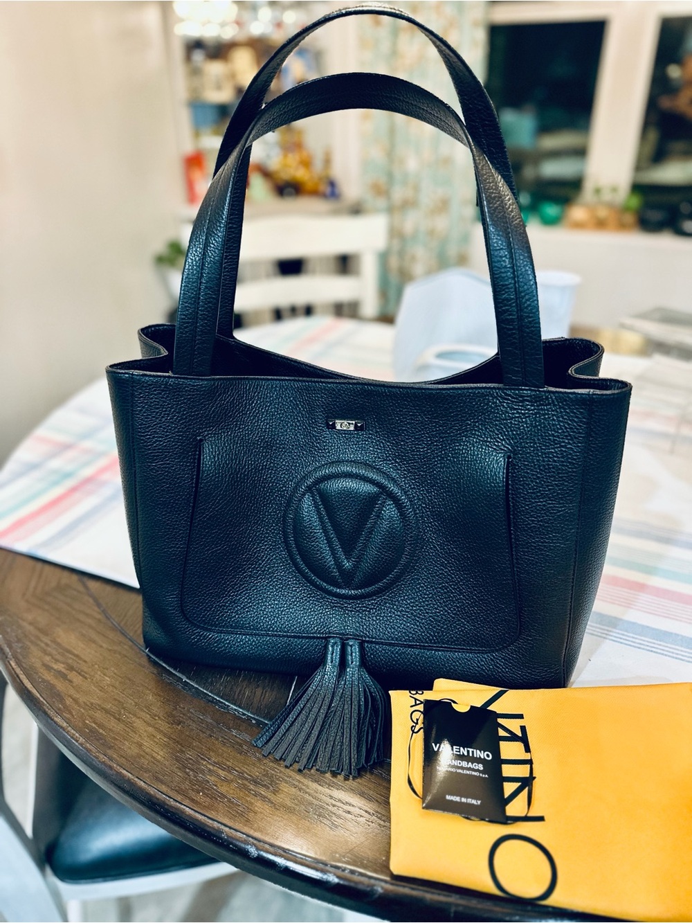 Valentino Black Leather Tote with V Logo Tassel
